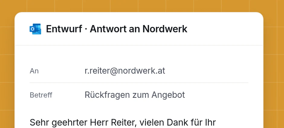 Vorbereiteter E-Mail-Entwurf an einen Lieferanten, bereit zum Öffnen in Outlook